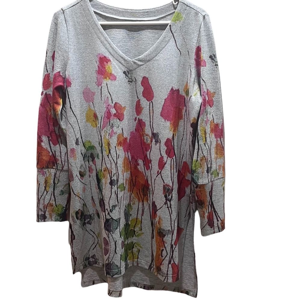 Soft Surroundings Gray Floral V-Neck Long Sleeve Tunic Sweater Sz S